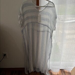 NWT Eileen Fisher 100% Organic Linen Blue and White Striped Linen Caftan